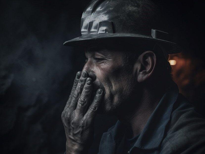 Iluminação para minas: trabalhador Mineiro com dificuldades de respirar em uma mina subterrânea