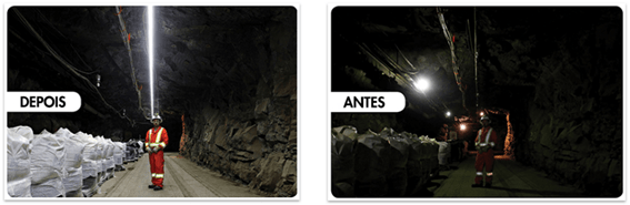 Iluminação para Minas: antes e depois de uma Mina subterrânea com a Faixa de LED RacLite
