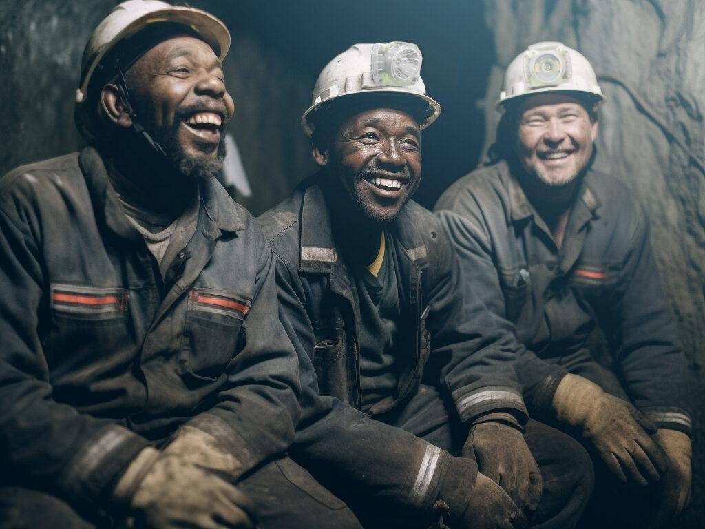 Iluminação para minas: trabalhadores de uma mina substerrânea felizes, usando a lanterna de cabeça Dunamis 232